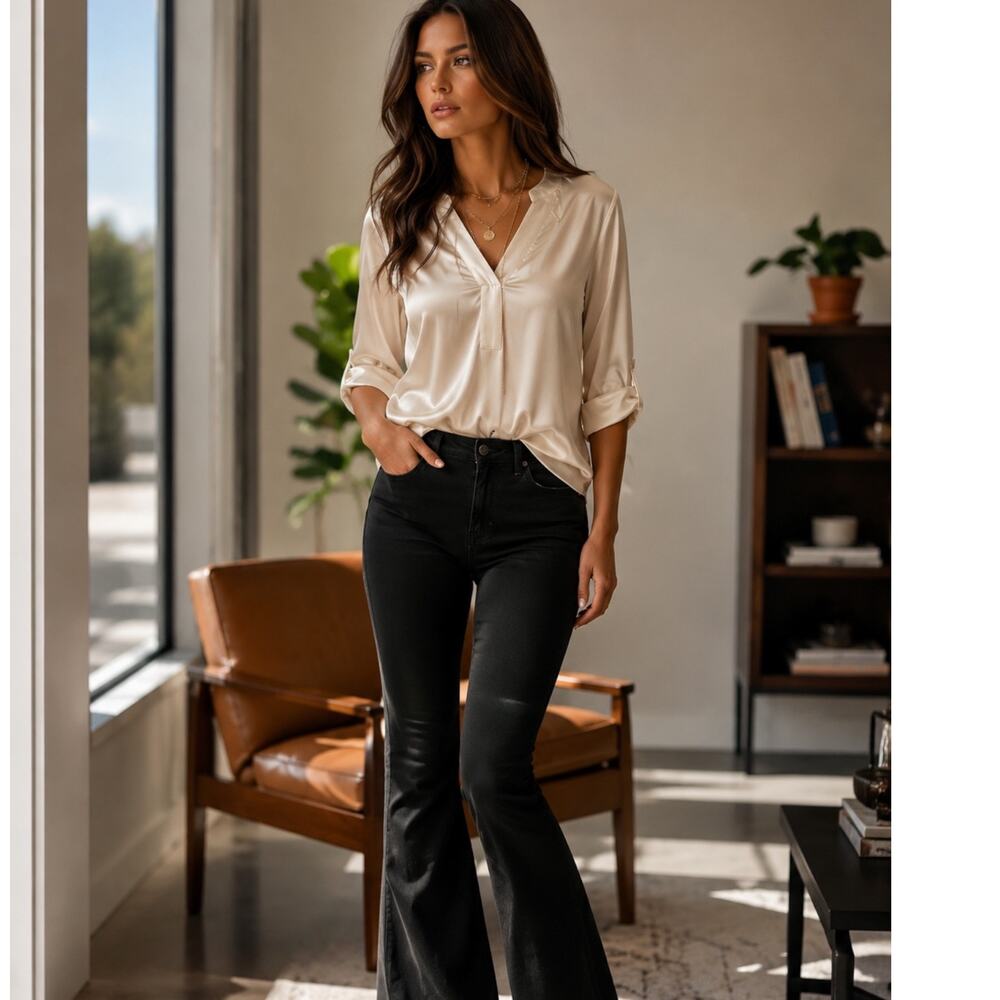BCBG 100% silk blouse champagne ivory tone asymmetrical hem soft luxe NWT